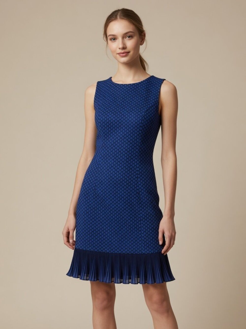 *Royal Blue Textured Geometric Pleated Ruffle Hem Dress Sleeveless S